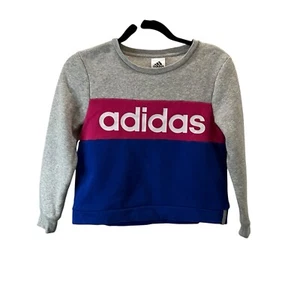 Adidas Colorblock Spellout Logo Gray Pink Blue Girls Youth Size 10/12 Sweater - Picture 1 of 9