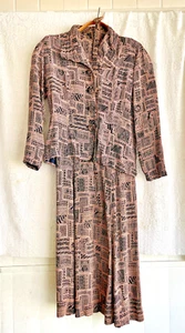 VTG 1940s Dress Jacket Set Pink Black Abstract Print 2 Pc Blouse Belt Vogue - Picture 1 of 12