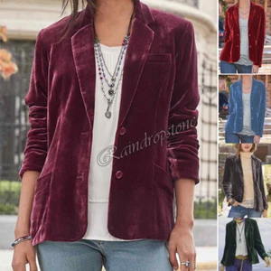 Freizeit-Blazer-Damenjacke mit Samtreverskragen geknöpft und lockerer Anzug Mantel Oberteile - Bild 1 von 13
