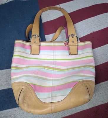 Bolso de Mano Coach Hampton Rosa Rayas Lona Cuero Tostado Superior Cremallera 5175 Foto 1 de 4