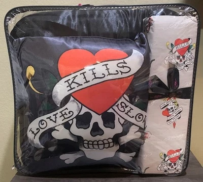 Ed Hardy любовь убивает медленно атласная королева 8 предметов комплект одеяло, наволочки, простыни, подушка - Изображение 1 из 4