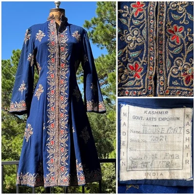 RARE! Vintage 50s Kashmir Wool Chain Stitch Zip Front House Coat Hostess Dress - Image 1 of 4