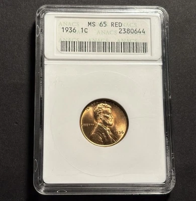 1936 Lincoln Wheat Cent — ANACS MS65 Red 🔥 Vintage Soapbox Holder - Image 1 of 4