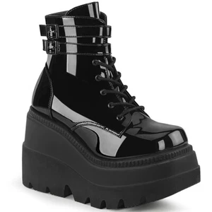 BLACK PATENT 4.5" ANKLE BOOT-LACES & BUCKLE STRAPS-PLATFORM 5 6 7 8 9 10 11 12 - Picture 1 of 1
