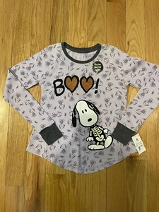 NWT Peanuts Girls Purple Thermal Snoopy Halloween Shirt GLOW IN THE DARK M 7-8 - Picture 1 of 4