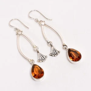 Sterling Silver Hessonite Garnet Stone Daughter Bezel Dangling Trendy Earrings - Picture 1 of 6