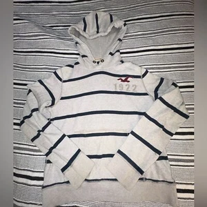Hollister Men’s Gray & Navy Striped Pullover Hoodie Sweater | Size S - Picture 1 of 4