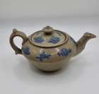 Antique Glazed Drabware Small Squat Teapot with Blue Jasperware Decoration Drab