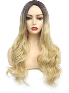 SHINYSHOW Wave Blonde Wig 2 Tone Ombre Wigs With Dark Roots Synthetic Curly - Picture 1 of 4