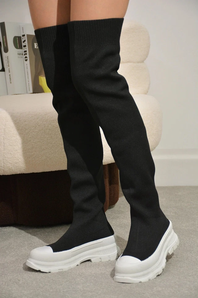 New Women's Stretchy Knit Over The Knee Thigh High Platform Sock Sneaker Boots - Image 1 of 1