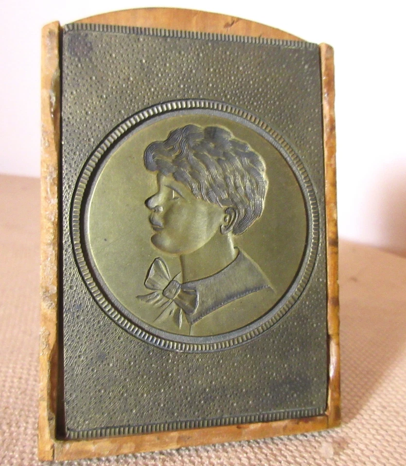 antique hand engraved brass engraving boy portrait embosser block plate art - Image 1 of 4