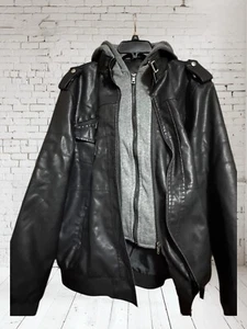 NEW Men’s Black Bomber/Biker Moto Style Faux Leather With Inner Hoodie. Xl - Picture 1 of 3
