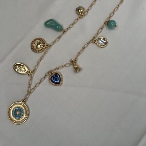 J. Crew Charm Necklace Long Gold Tone Adjustable Turquoise, Blue