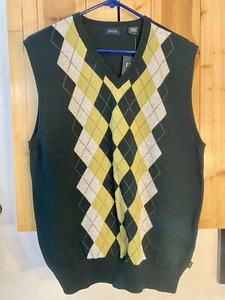 Izod Sweater Vest Men's Large Navy with Green Gray Argyle 100% Cotton V-Neck NEW - Picture 1 of 10