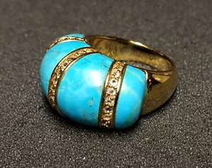 Turquoise Dome Cabochon, White Zircon .925 Sterling Gold Vermeil Ring Size 9 - Picture 1 of 8