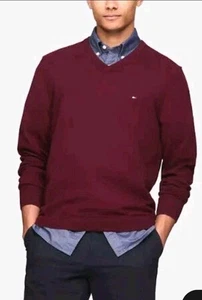 Neu mit Etikett Tommy Hilfiger Pullover Herren M Large einfarbig rot V-Ausschnitt Baumwollpullover neu $ 69 - Bild 1 von 10