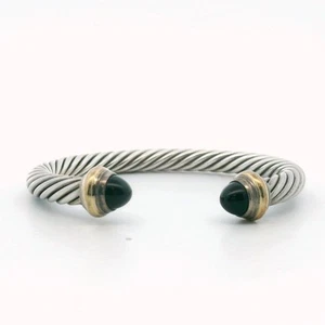 David Yurman Sterling Silver & 14K Gold Onyx Cable Cuff Bangle - Picture 1 of 4