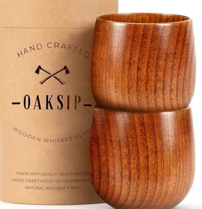 Oaksip - Wooden Whiskey & Bourbon Drinking Glass Tumbler Cup, (NEW) 2 Glasses - Picture 1 of 8