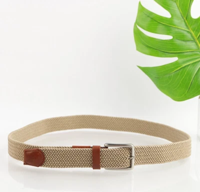 Tommy Bahama Mens Belt Size L / XL Large Khaki Elastic Webbed Brown Leather Tip - Image 1 of 4