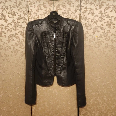 Bebe Military Style Genuine Soft Leather Jacket Women’s M Black Full Zip Buttons - Image 1 of 4