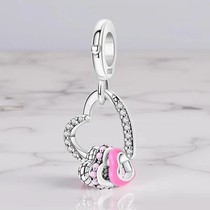 Dangling Hearts Loops Futuristic Charm 925 Sterling Silver Charm - Picture 1 of 1