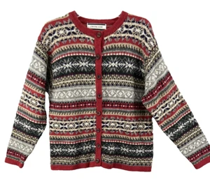 Vintage Crystal Kobe Cardigan Womens Large 100% Shetland Wool Fair Isle Sweater - Picture 1 of 10