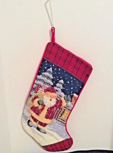 Medias de Navidad vintage a punta de aguja Santa escena de invierno lana algodón - Imagen 1 de 6