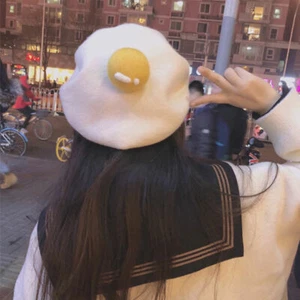 Harajuku Frauen lustig pochiertes Ei Cosplay Barett Hut Mädchen schöne Wolle Künstler Hut - Bild 1 von 6