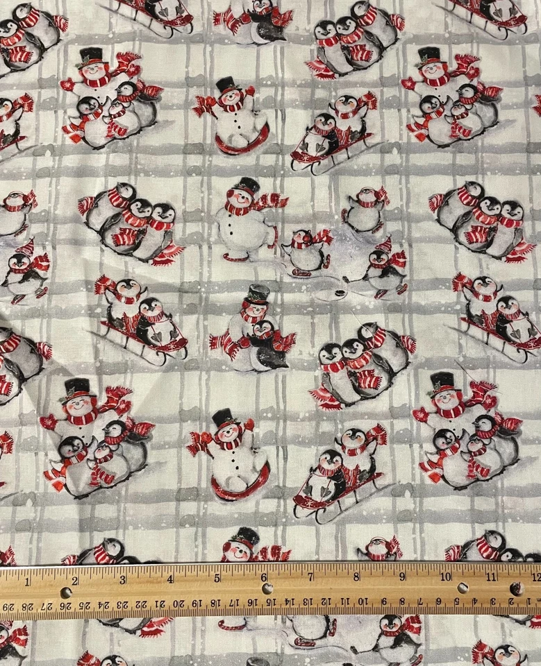 Fabric Christmas Susan Winget Playful Snowmen Penguins 100% Cotton Quilt 30" L - Image 1 of 1