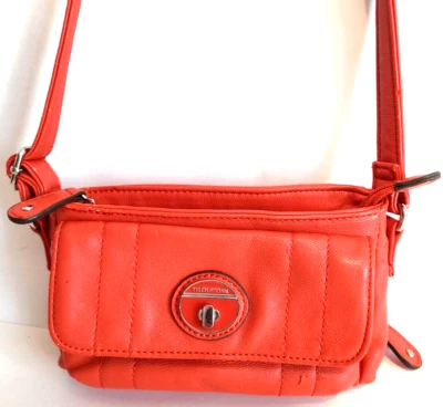 Tyler Rodan Orange Faux Leather Crossbody Handbag Purse Purple Polka Dot Lining - Image 1 of 4