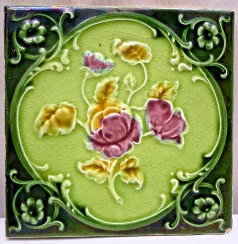 Antique Tile English Art Nouveau Majolica Ceramic Rose Flowers Motif Decorat#134 Cover
