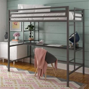 DHP Novogratz Maxwell Modern Metal Twin Size Loft Bed with Desk in Gray/Black - Picture 1 of 3