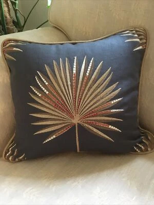 Jane Churchill (Colefax & Fowler) Fortunei Petrol/gold embroidered cushion piped - Image 1 of 4