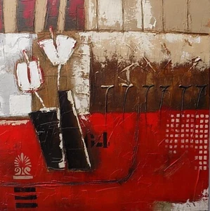 Quadro floreale tupipani bianchi su base rossa astratto ad olio cm 100x100 dipin - Picture 1 of 7