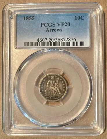1855 PCGS VF20 Liberty Seated Dime with Arrows 10c Cover