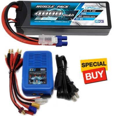 NHX Muscle Pack 2S 7.4V 4000mAh 20C Hard Case Lipo Battery w/ EC3 / EZ6 Charger - Image 1 of 4