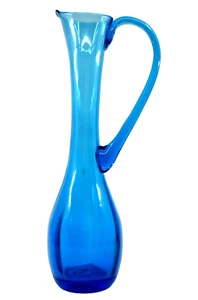 Vintage MID-CENTURY Art Glass TEAL BLUE Vase PITCHER Applied Handle MCM Blenko ? - Picture 1 of 9