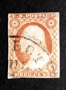 1851/56- USA-3 c-bruno/arancio-usato-non dentellato-Effige di Presidente - Foto 1 di 2
