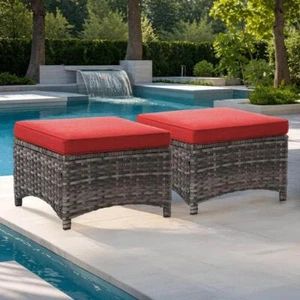 Gardenbee Outdoor Ottoman Wicker Water Resistant W/ Red Cushions (Set of 2) - Picture 1 of 3