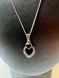 Sterling Silver Onyx And Marcasite Heart Pendant Necklace 18” - Picture 1 of 5