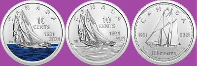 Set of 2021 Canada Bluenose 100th Anniv Dime Coins Color & Reg Mint UNC 10 Cent - Image 1 of 4
