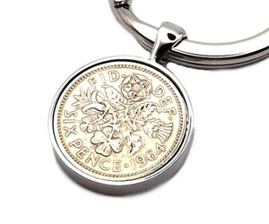 1964 Silver Sixpence Coin Keychain Men 60 Years Birthday Gift Keyring CUFFLINKS - Picture 1 of 8