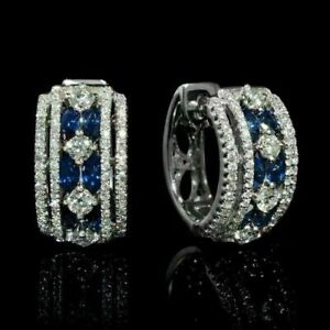 3Ct Marquise Cut Blue Sapphire Diamond Huggie Hoop Earrings 14K White Gold Over 
