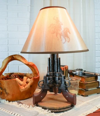Western Wild West Triple Six Shooters Revolver Guns Side Table Lamp Statue Decor - Image 1 of 4