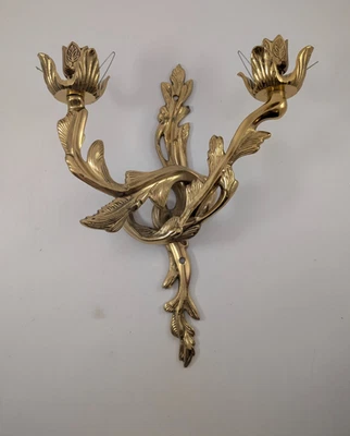 Vintage French Rococo Gold Brass Wall Double Arm Candle Sconce 14" - Image 1 of 4