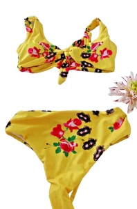 Unbranded Yellow Mix *Roses* Padded Front Tie Bikini Brief Set Medium - Picture 1 of 3