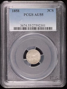 1858 P Silver Three Cent Pieces - Trimes PCGS AU-55 - Picture 1 of 4
