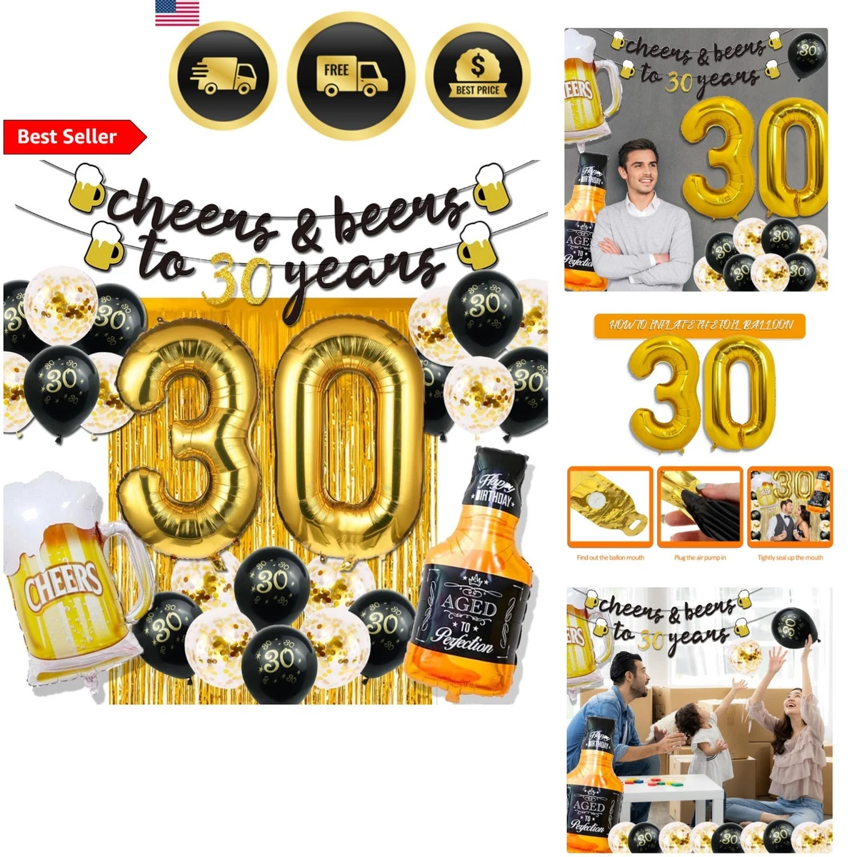 The Man The Myth The Legend Balloon Decor Set - Black & Gold Bachelor & Retirement Party Decorations