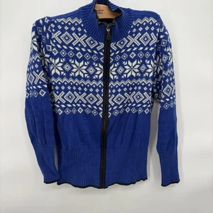 Nomadic Traders Sweater Womens Large L Blue Geometric Full Zip Cotton Blend Top - Picture 1 of 5
