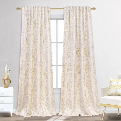 Gold Luxury Curtains for Living Room 84 Inches Long,Only 50% Blackout Jacquar... - Image 1 of 4